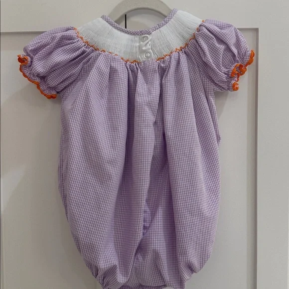 Classic Whimsy Purple/White Gingham Smocked Halloween Themed Bubble 12M - Picture 5 of 6